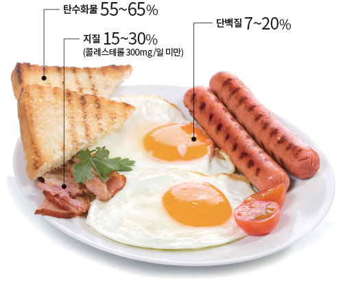 탄수화물 55~65%, 지질 15~30% (콜레스테롤 300mg/일 미만), 단백질 7~20%